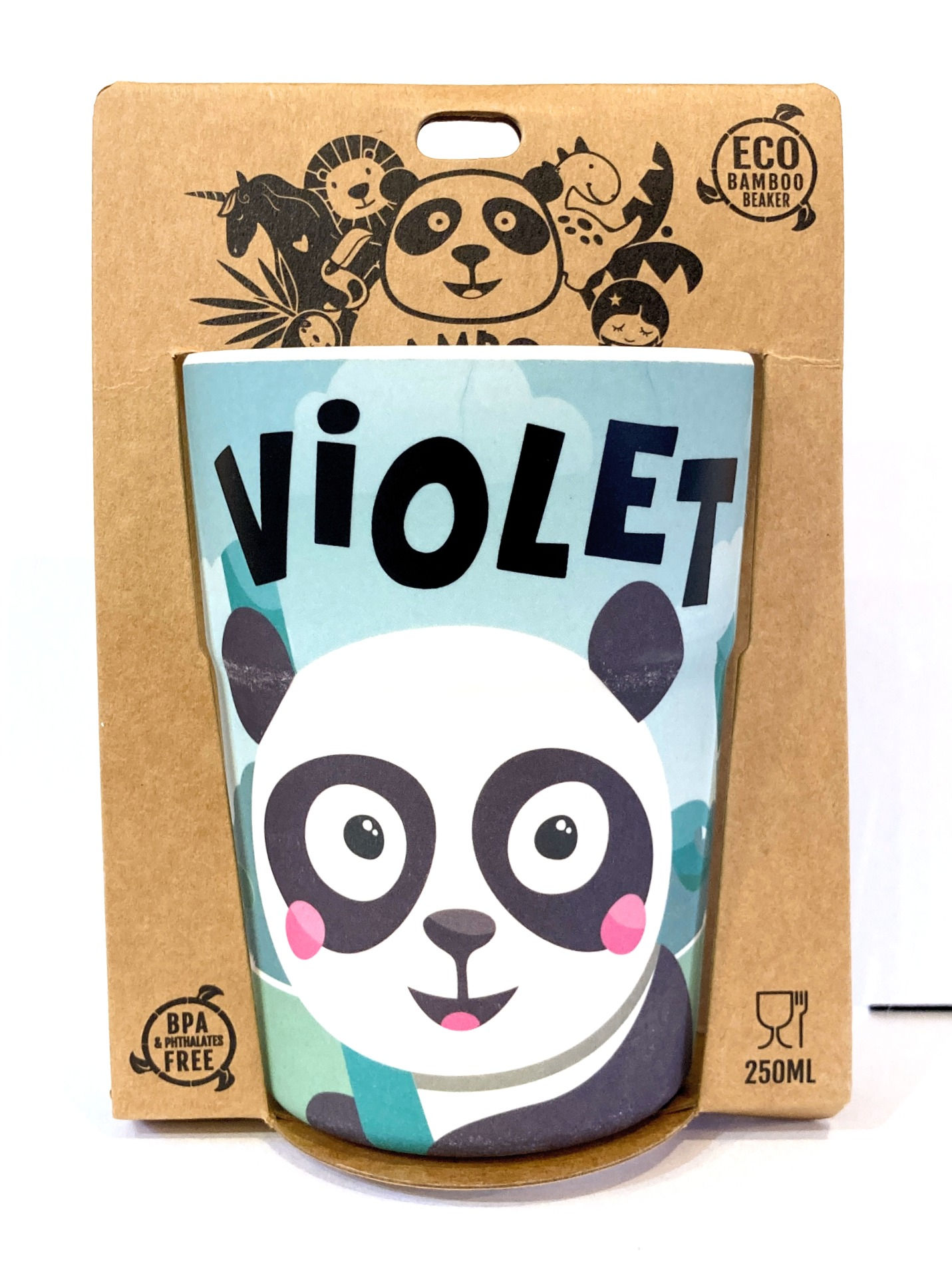 Colorful kids beaker with image of panda & black text 'Violet' in brown cardboard packaging with panda logo