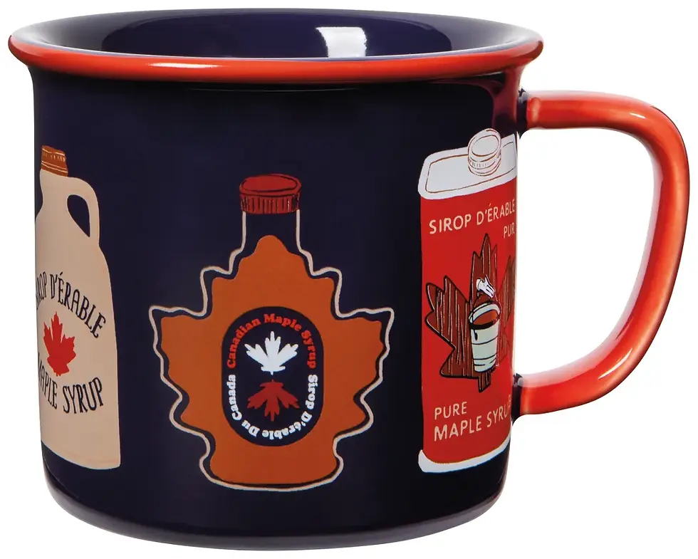 A Maple Syrup heritage enamel-inspired stoneware mug featuring vintage syrup bottles at Tickled Pink.