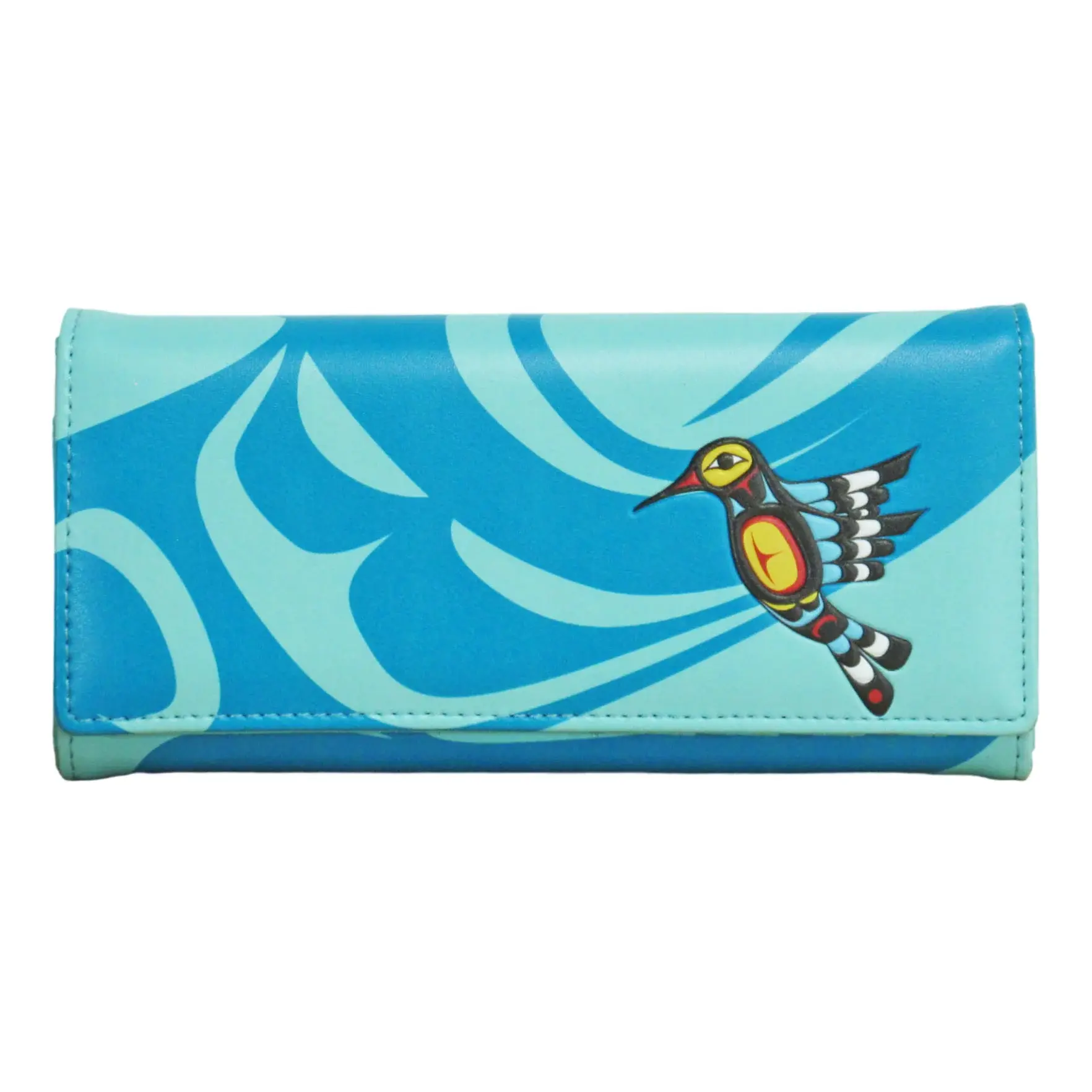Front of turquoise rectangular zippered faux leather wallet featuring artist Francis Dick's painting 'Hummingbird'