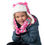Thumbnail: Model wearing pink trapper hat with pink masked cats print & white sherpa lining with earflaps up & matching mitts