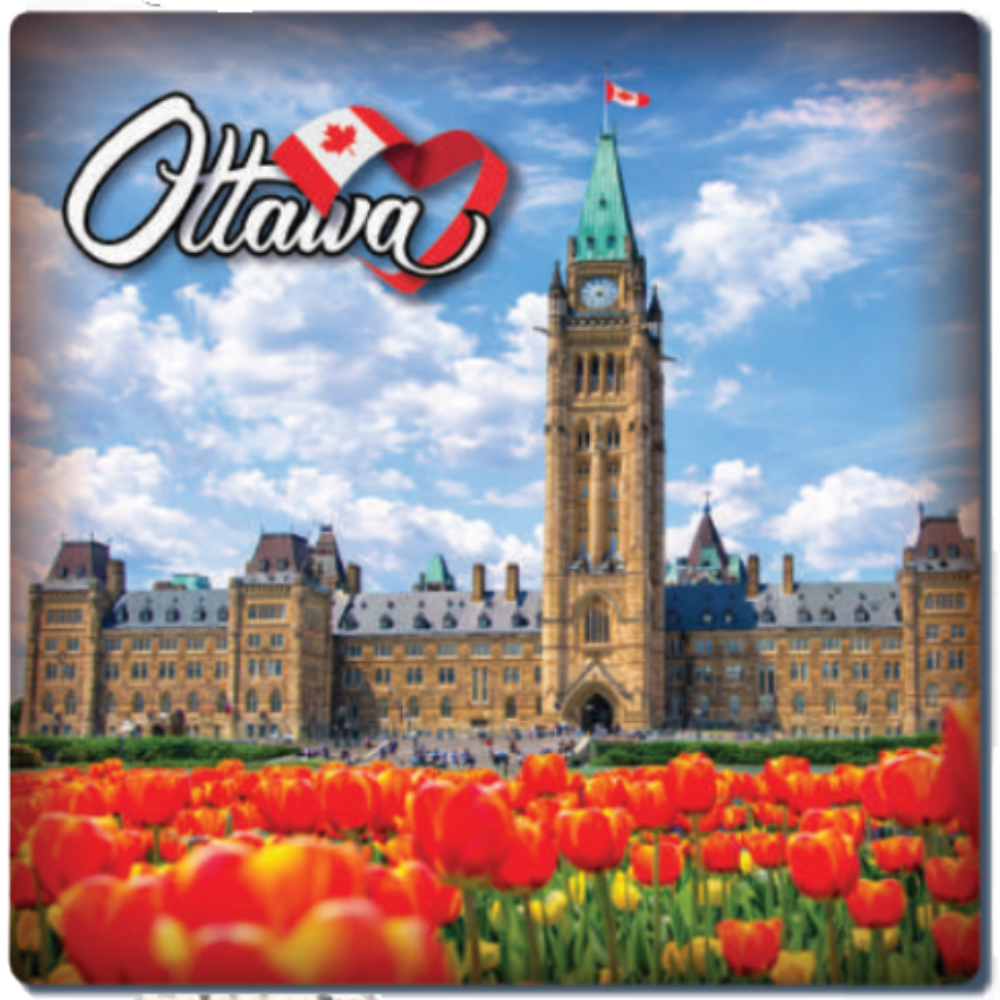 A square Ottawa coasters showing Parliament Hill behind blooming spring tulips at Tickled Pink.