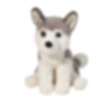 Front view of soft grey & white stuffed toy husky, seated
