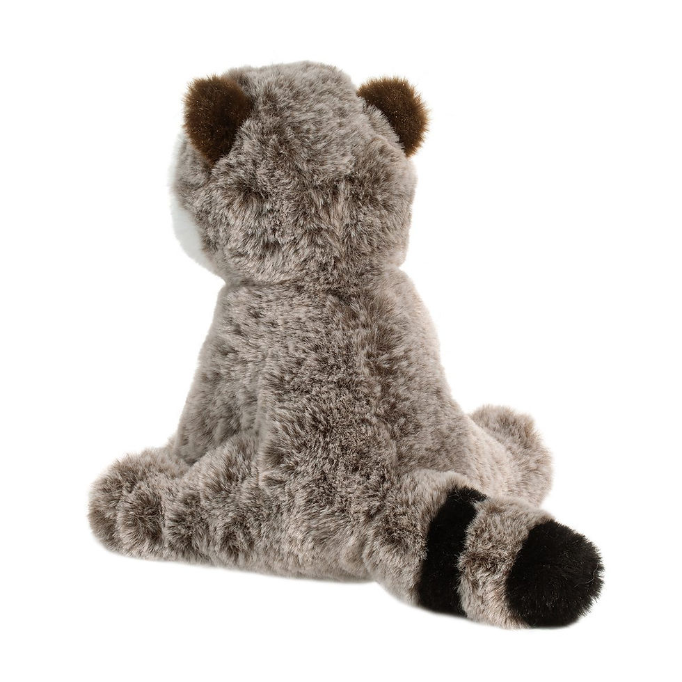Back left view of small gray, black & white stuffed toy raccoon in seated position