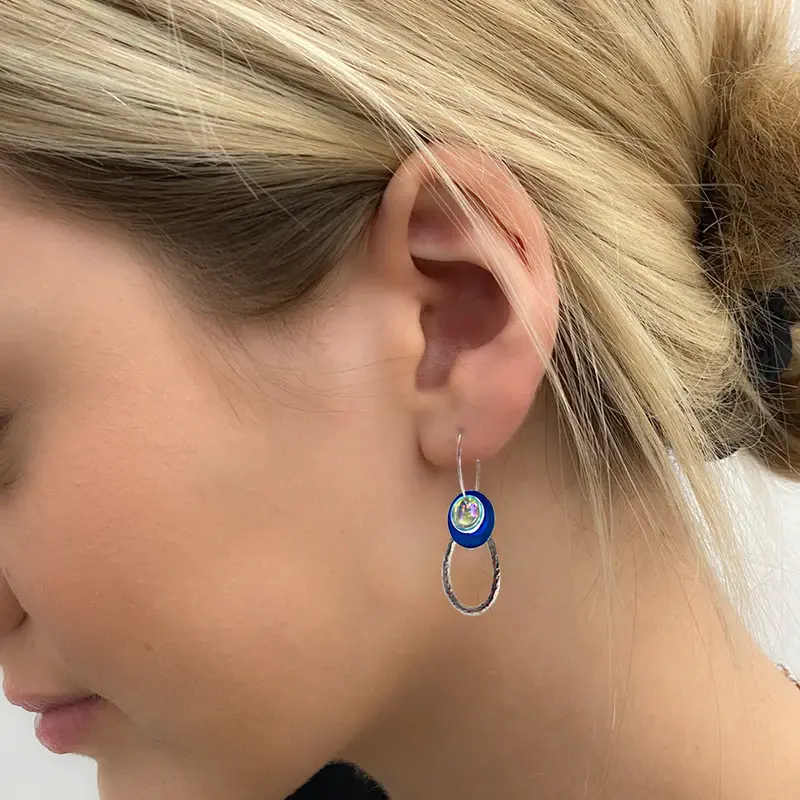 Model wearing Bead stacker earrings - 3 stacked beads on silver hoop with silver teardrop below