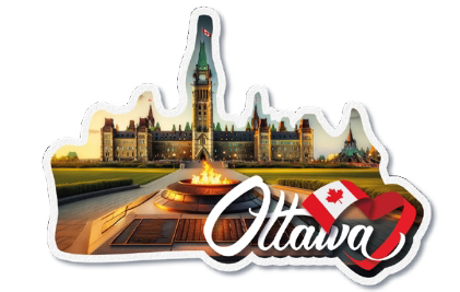 Front view of the Parliament silhouette cut out magnet with the Eternal Flame at Tickled Pink Ottawa.
