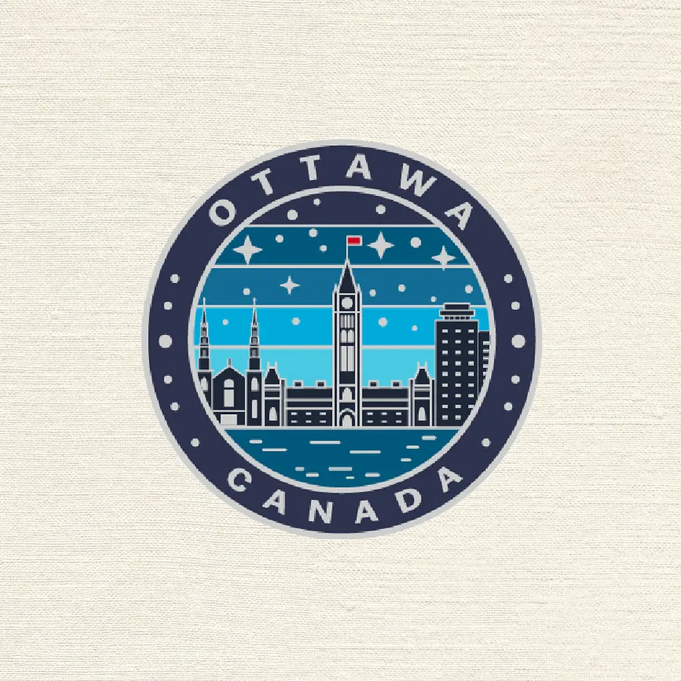 A circular blue and teal enamel pin featuring the Ottawa Parliament skyline under a starry night sky at Tickled Pink.