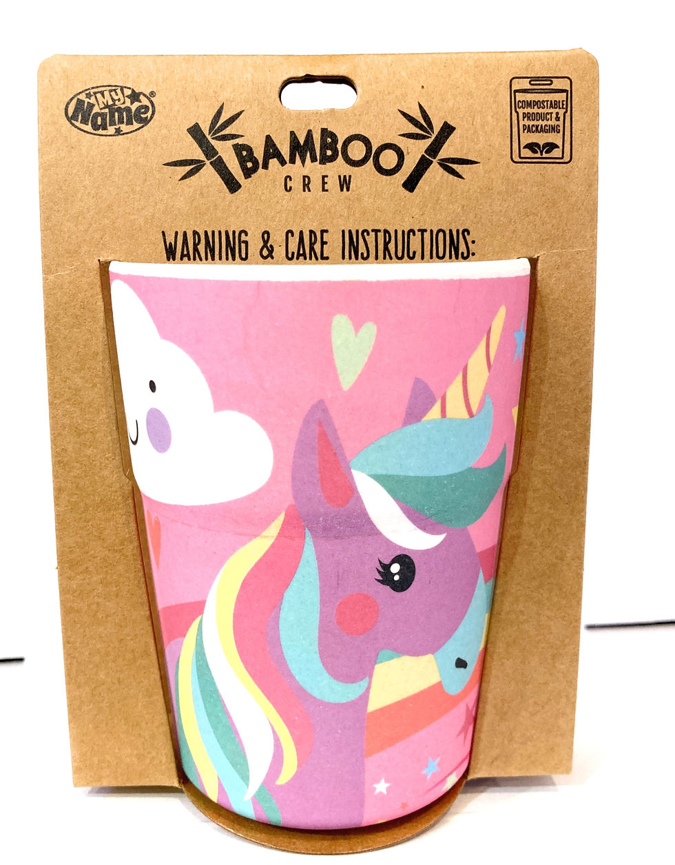 Back of colorful sloth beaker with 2 rust sloths & black text on brown cardboard packaging 'Warning & Care Instructions'