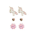 3 pairs of child's stud earrings-unicorns, hearts & pink flowers