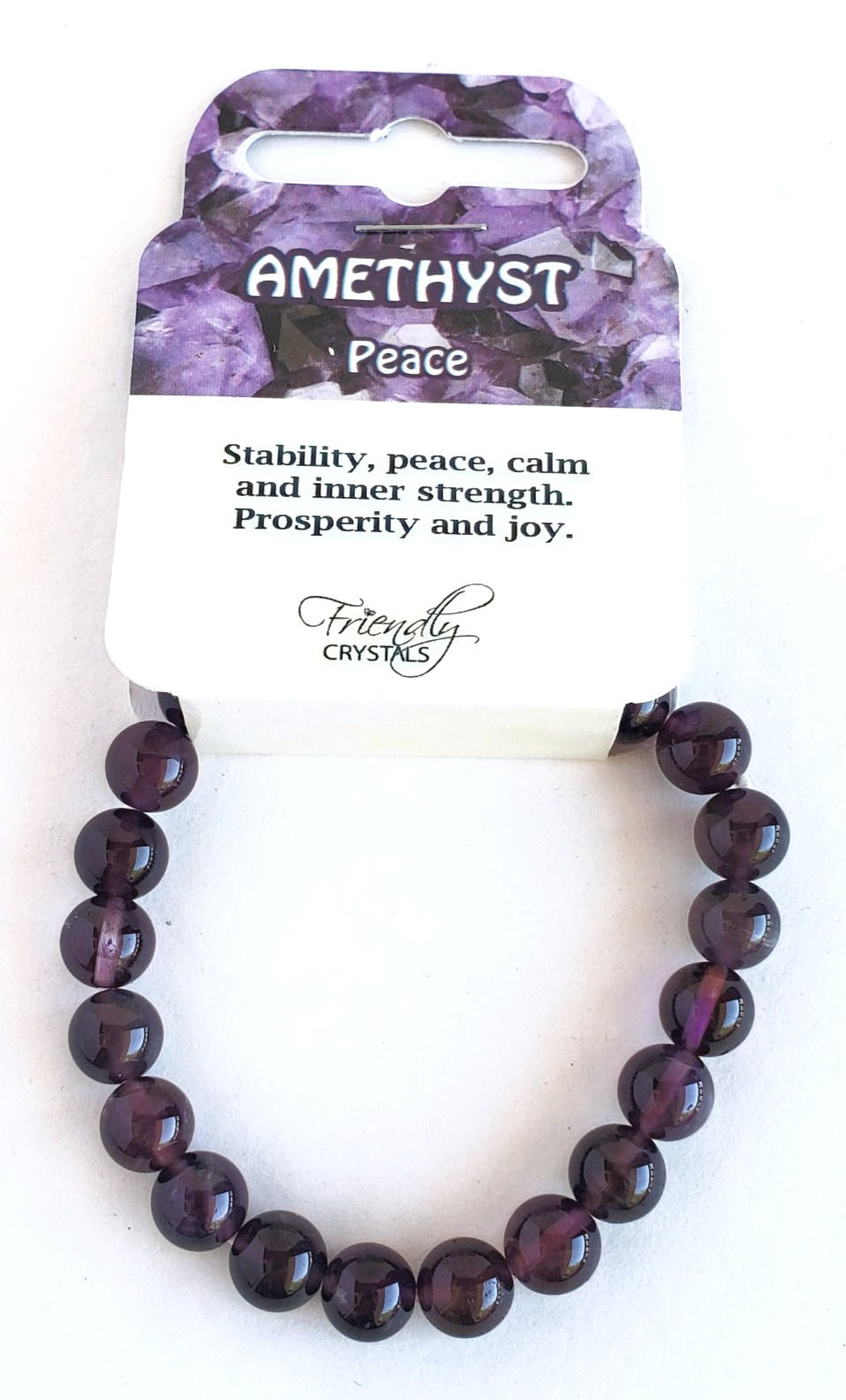 Thumbnail: Natural Stone Bead Stretch Bracelet - amethyst with card describing stone properties