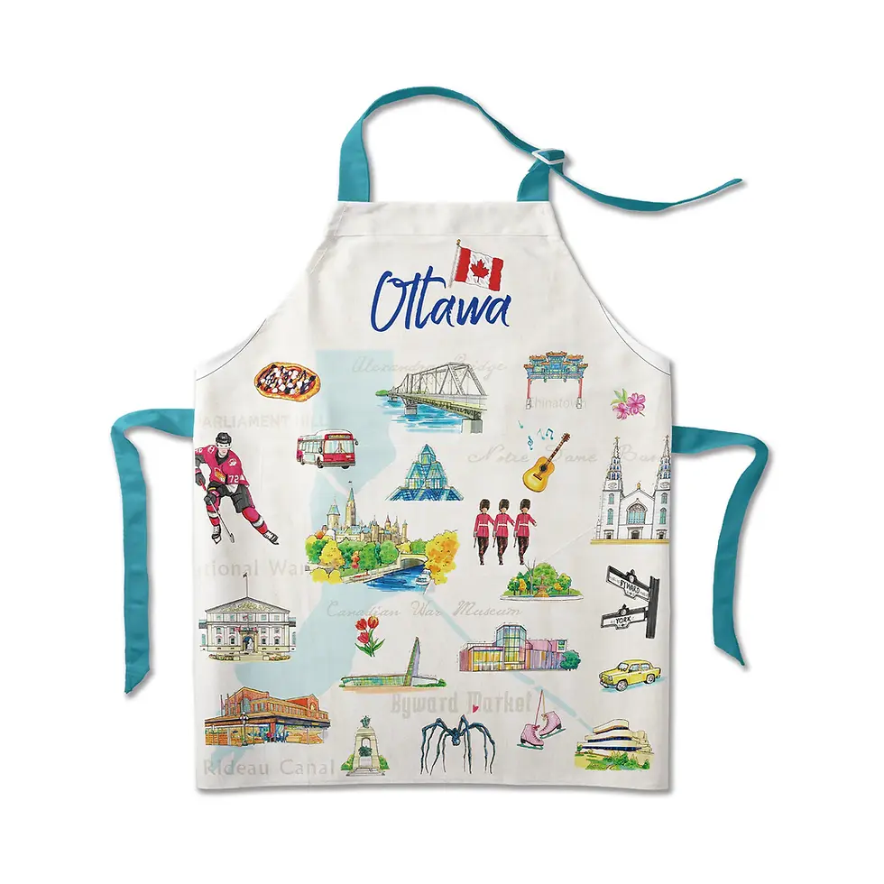White apron with turquoise trim & all-over print of famous Ottawa landmarks at Tickled Pink Ottawa