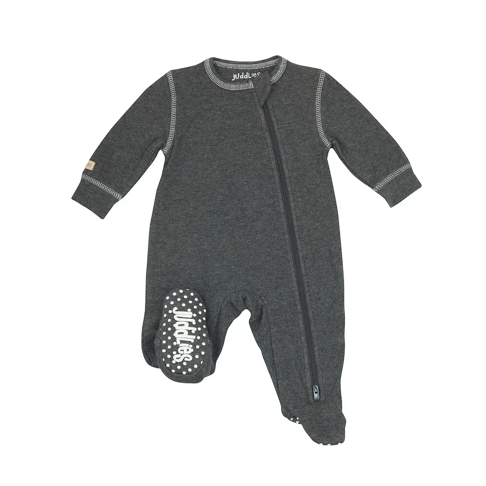 Front of charcoal full zipper long sleeved footed sleeper with rubber grips on feet
