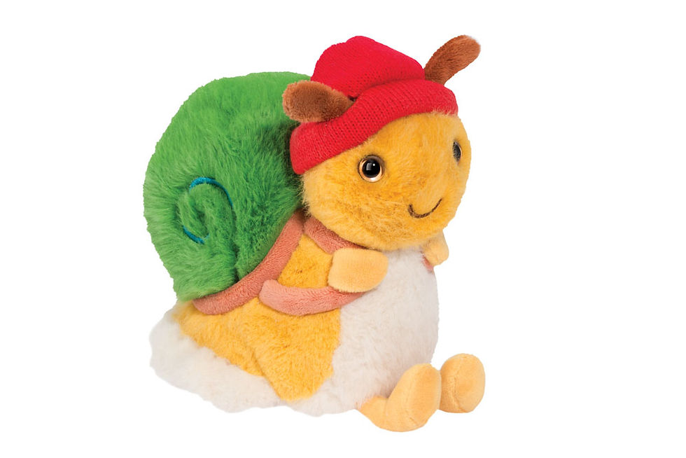 Yellow & white stuffed toy snail with green shell on backpack straps