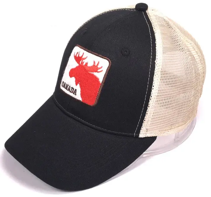 Black baseball cap with white mesh back & red & white moosehead patch on front