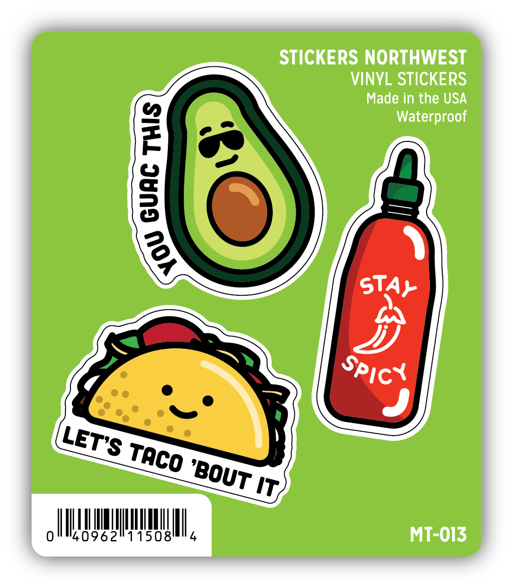 Green square vinyl sticker with 3 taco icons