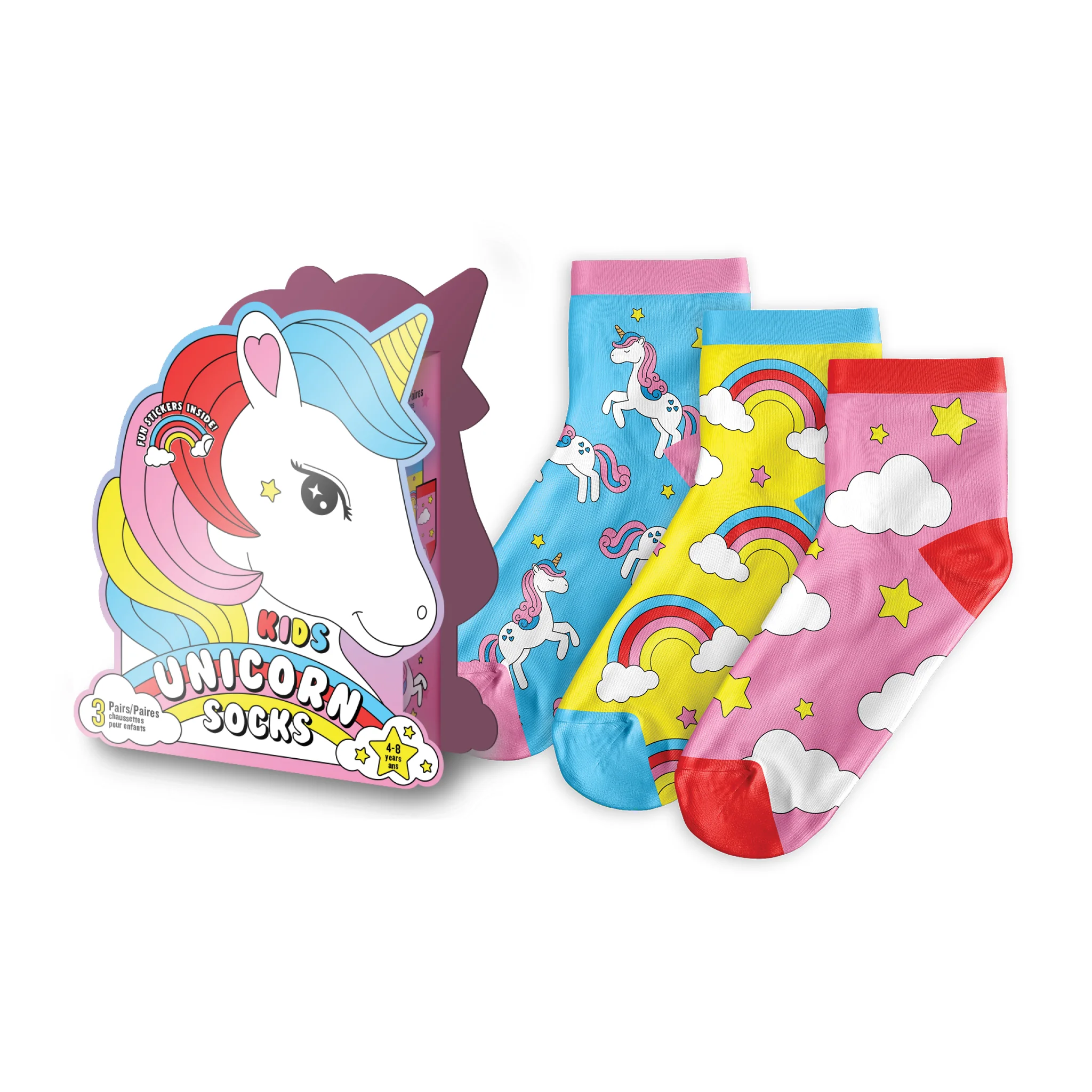 3 pairs of colorful unicorn print kids' socks with rainbow unicorn packaging