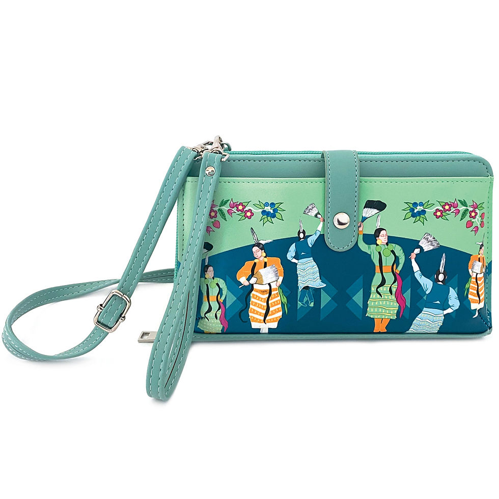 Rectangular green bag with long adjustable strap, printed with artist Storm Angeconeb's 'Jingle Dress Dancers'