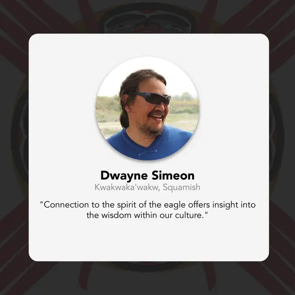Information Box with artist Dwayne Simeon's photo, First Nation affiliation & quote