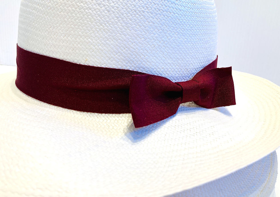 Thumbnail: Close up of burgundy band & bow on white panama hat