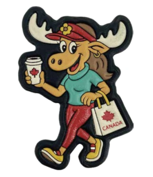 Debossed PU leather shopping moose magnet with shopping bag and coffee cup at Tickled Pink Ottawa.