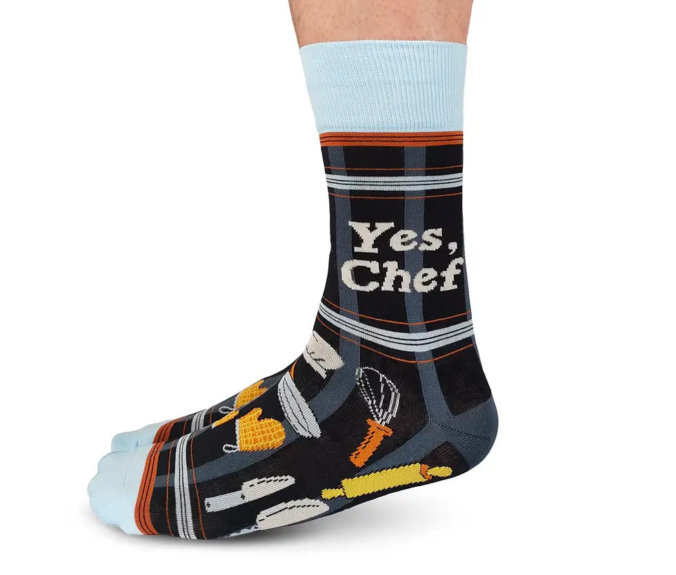 Thumbnail: Side view of Yes Chef novelty kitchen socks with culinary pattern by Uptown Sox at Tickled Pink Ottawa.