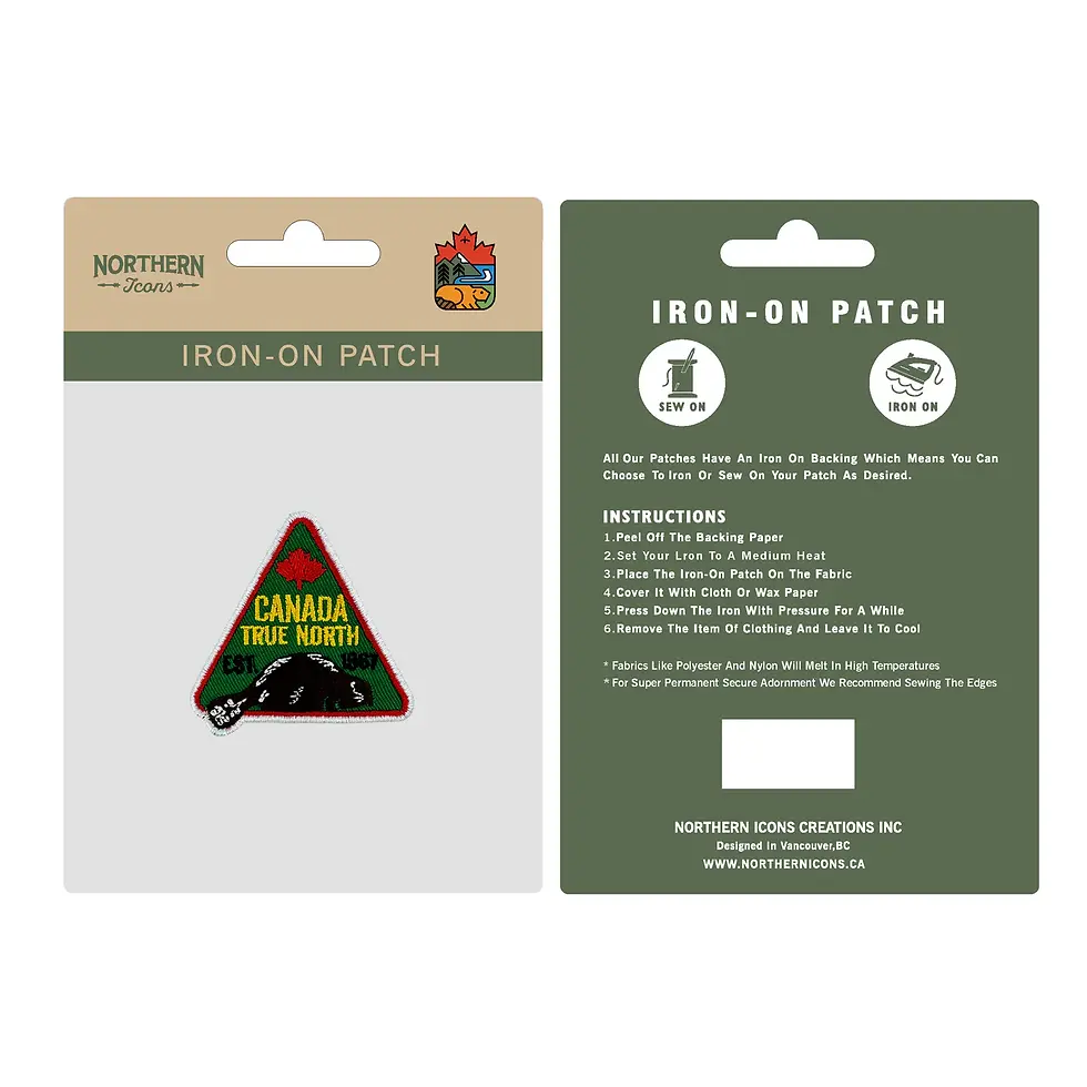 Front & back of green & white paper packaging of Canada True North Embroidered patch