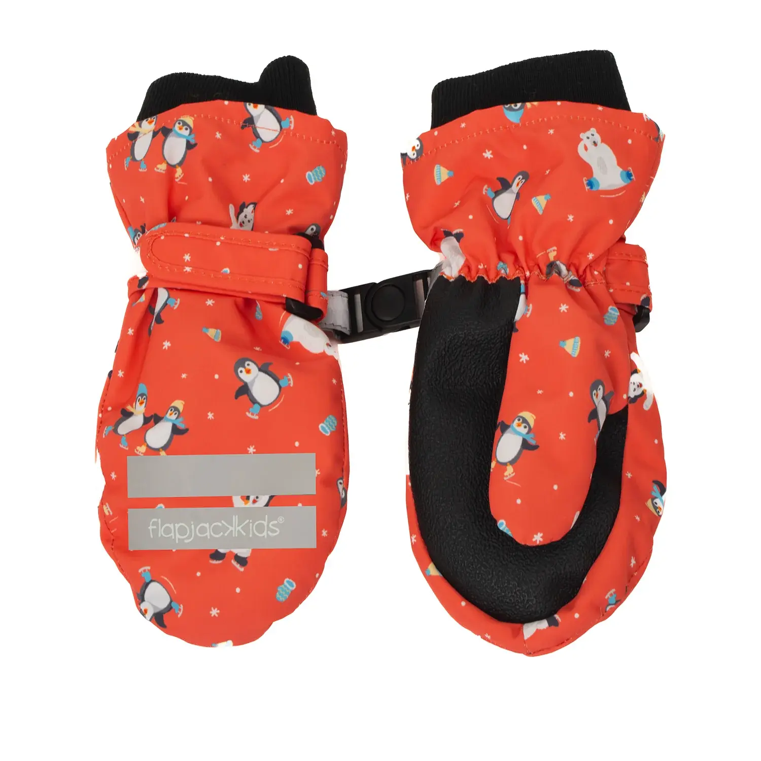 Orange water repellent kids mittens with penguin print