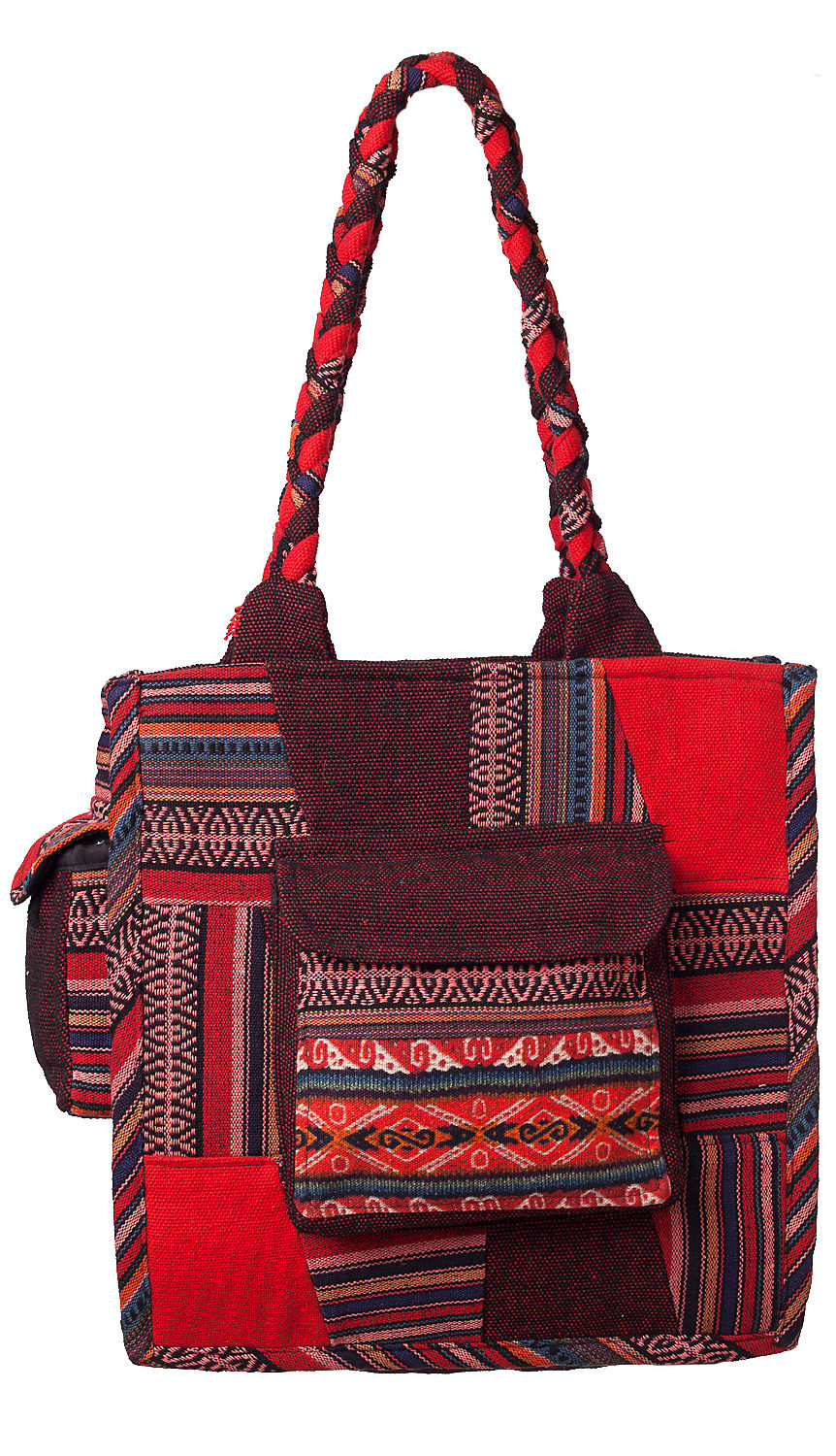 Thumbnail: Ark Fair Trade Mandu Tote Bag solid, patch and striped cotton-2 outer pockets-thick braided handle shades of red and burgundy