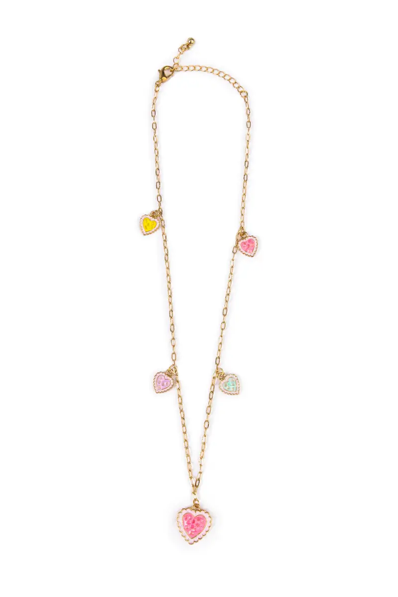 Gold colored chain necklace with 5 enamel heart charms in various colors