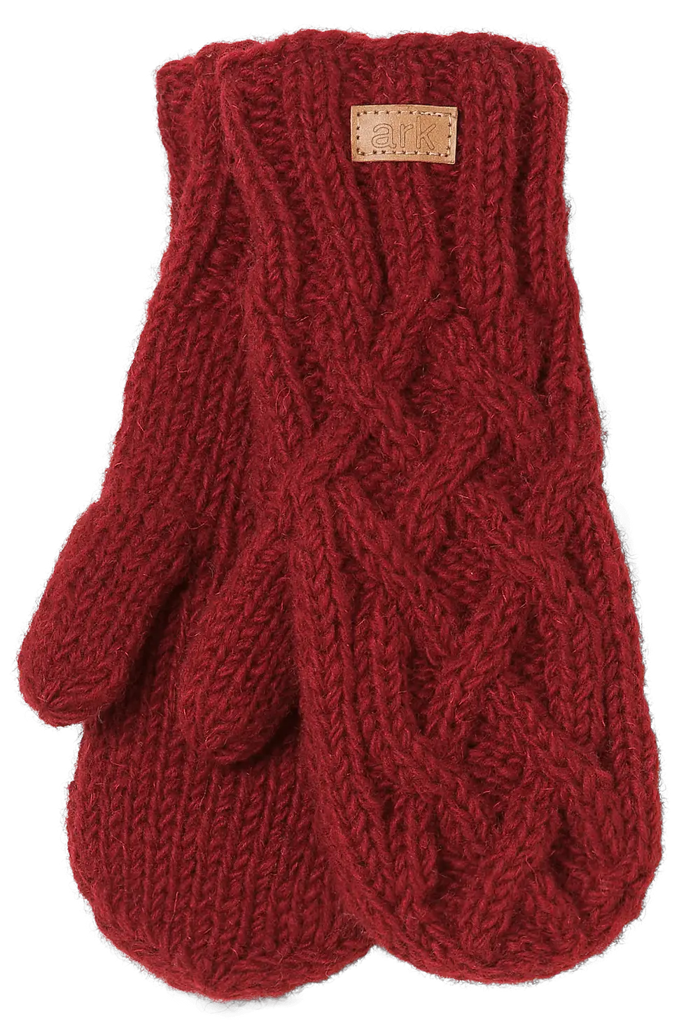 Pair of burgundy cable-knit wool mittens