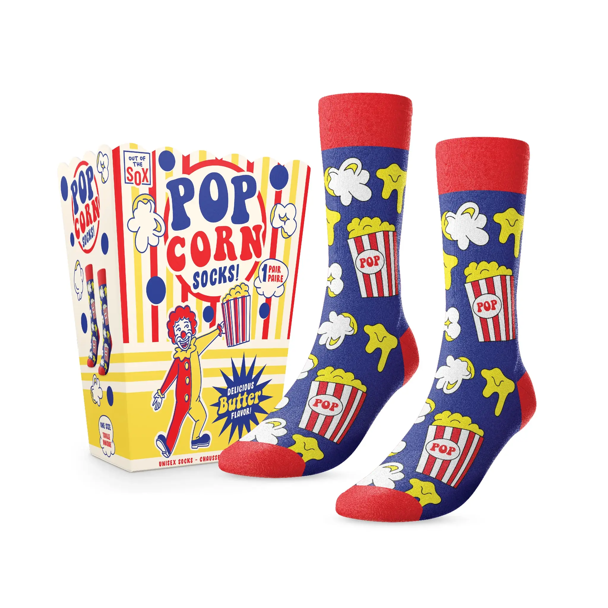 Pair of navy & red socks with print of cartons of popcorn & kernels dripping with butter, box that looks like popcorn carton