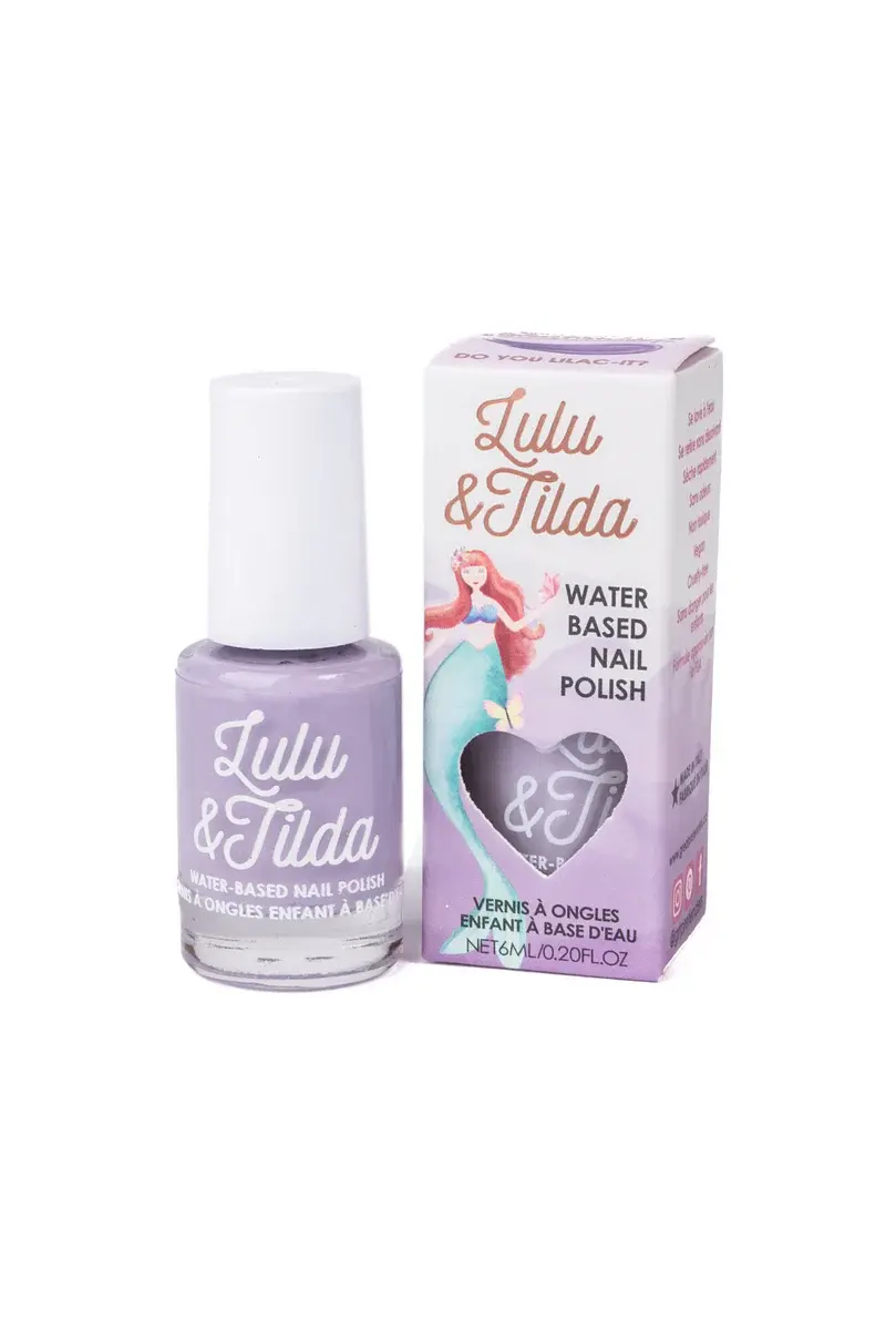 White capped bottle of Lulu & Tilda children's washable nail polish, color Do You Lilac It? with box