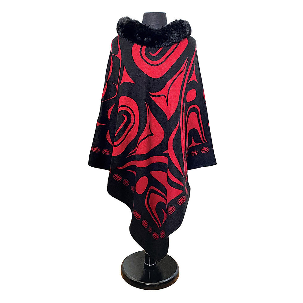Black & red shawl draped on mannequin with print of artist Roger Smith's 'Raven