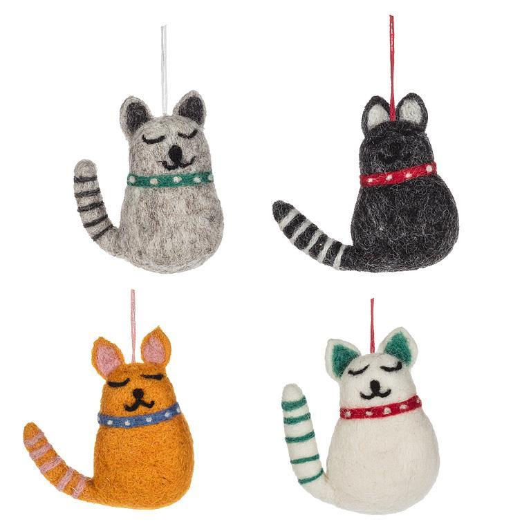 4 hanging felt cat ornaments with stripy tails & smiley faces