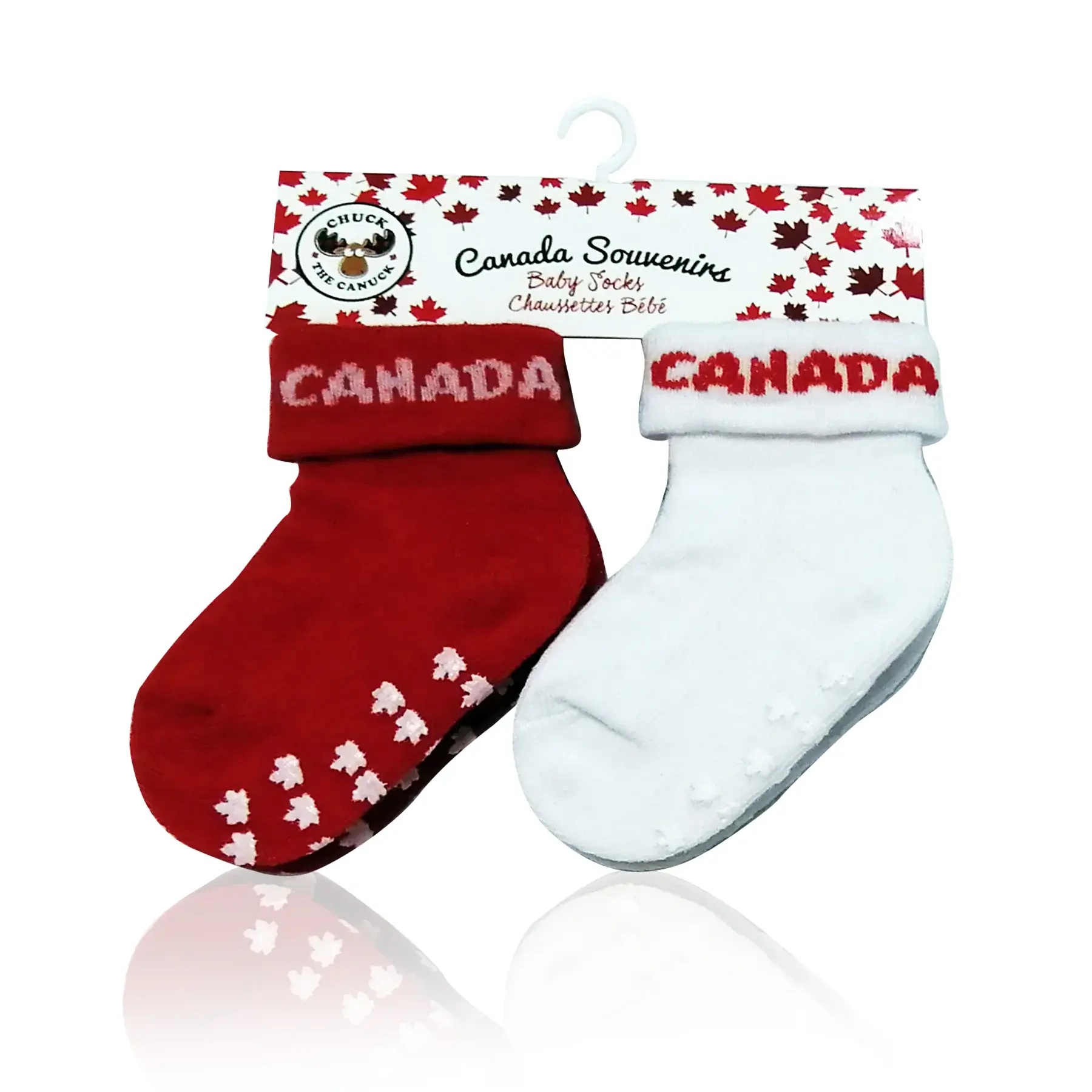Tickled Pink's Canada baby socks featuring knit text on the cuffs and non-slip maple leaf grips on the soles.