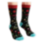 Right side view of kids black crew socks with colourful knit Ottawa landmarks and red cuffs at Tickled Pink.