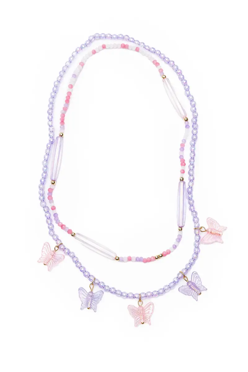 2 strand necklace of pink & purple beads with 4 pink & purple butterfly charms