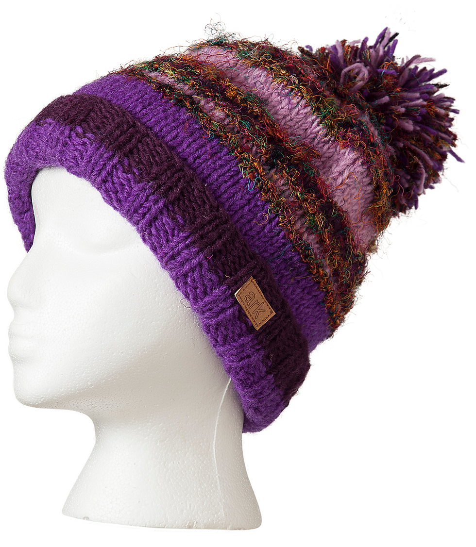 Thumbnail: Horizontal striped knit wool toque with pompom mixed shades of purple & lilac wool stripes & multi-colored silk stripes