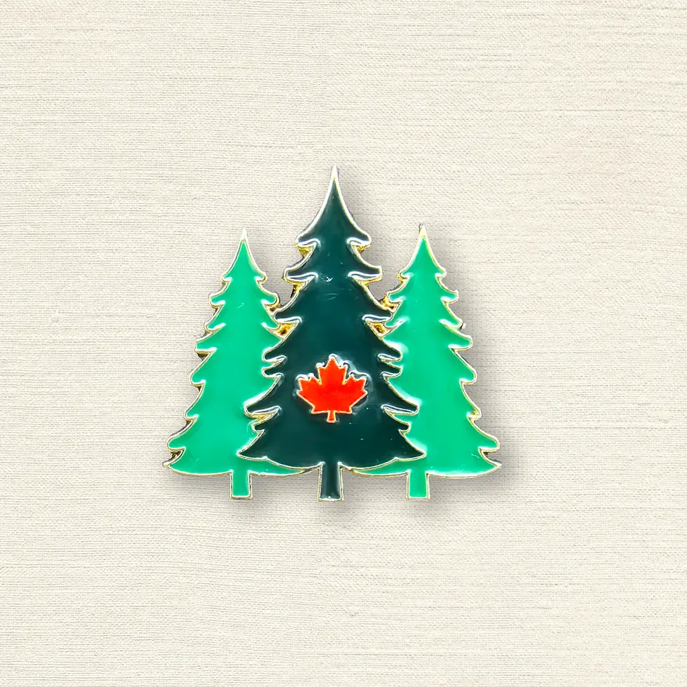 Green & gold enamel pin in shape of 3 pine trees with red maple leaf at center