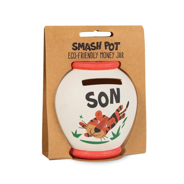 Smash Pot mooney jar, white with red lid, text, 'SON'