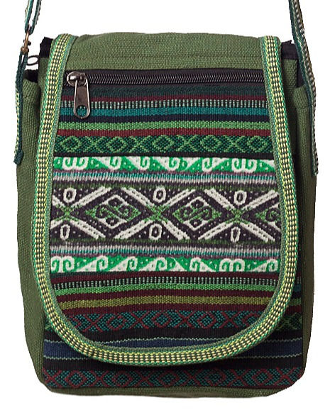 Thumbnail: close up of Fair Trade Mandu Crossbody Bag small-front flap-long adjustable strap-woven print of stripes & designs greens