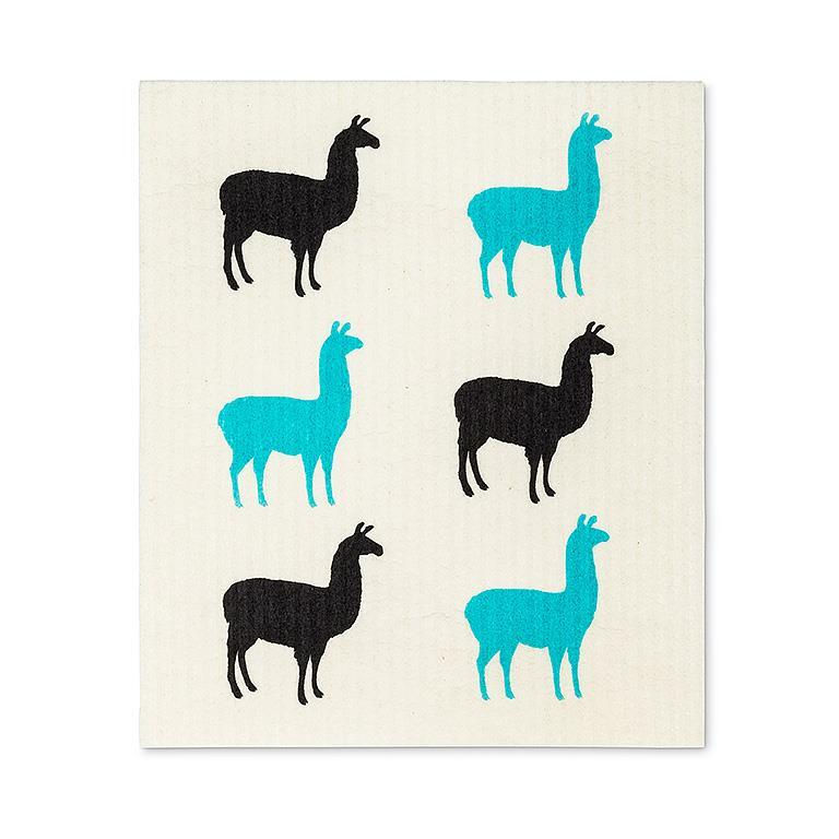 White rectangular dishcloth with black & turquoise print of 6 llamas