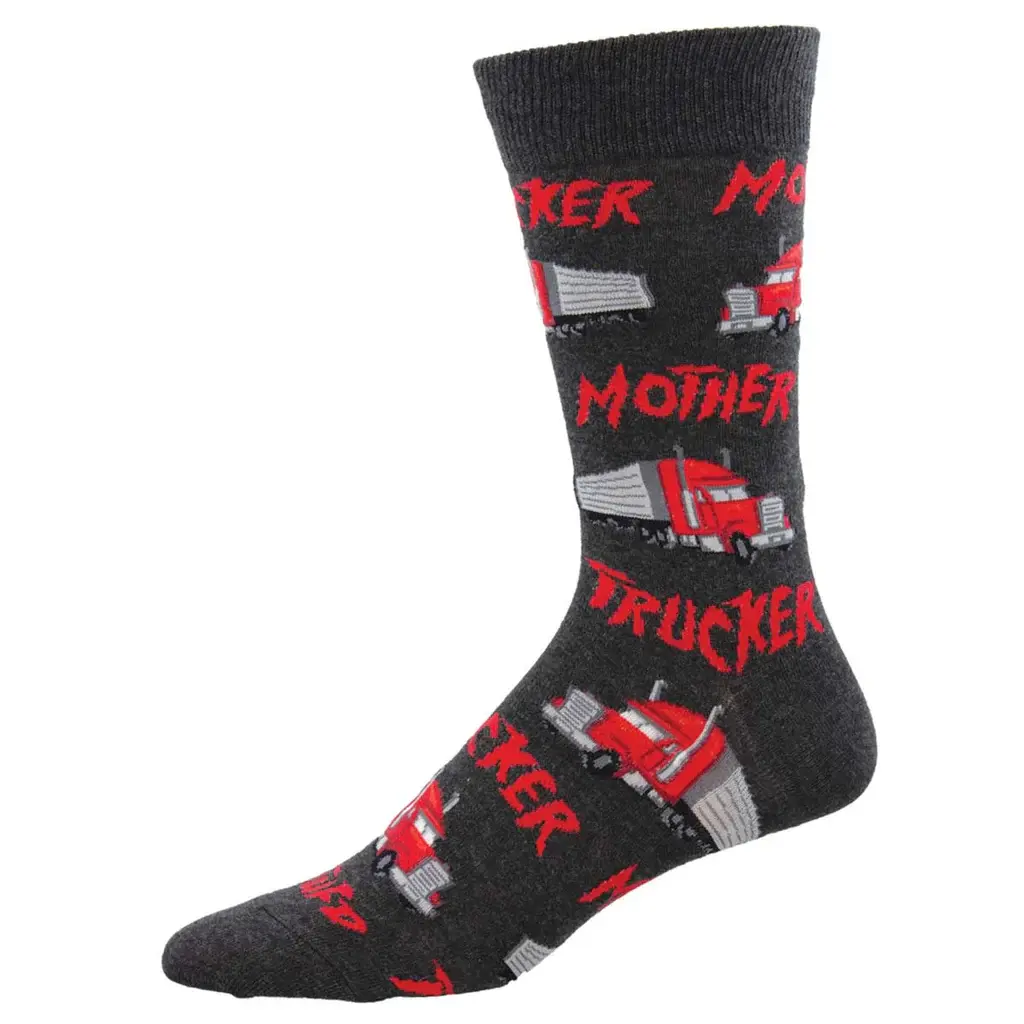Gray sock with print of red & white big rig trucks & text, 'Mother Trucker'