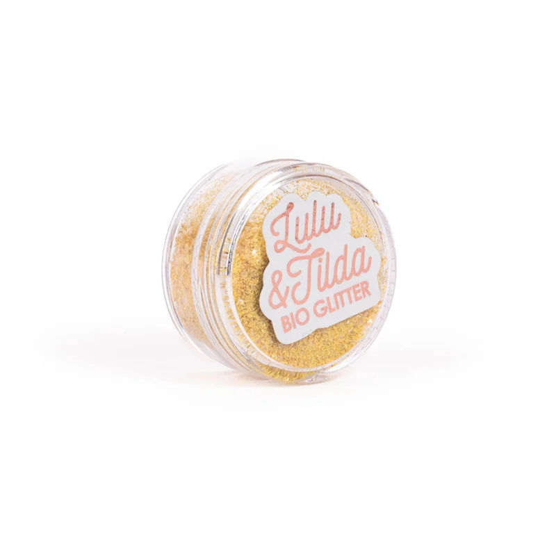 Thumbnail: Clear round acrylic jar containing yellow body glitter, text Lulu & Tilda Body Glitter