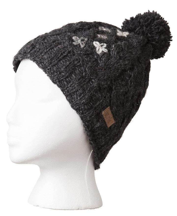 Thumbnail: Charcoal cable knit wool hat with pompom-tiny 4-petal flowers on one side in white & gray