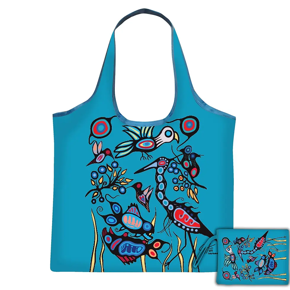 Wide handled blue reusable shopping bag printed with Cody Houle's painting 'Grand River Harmony'