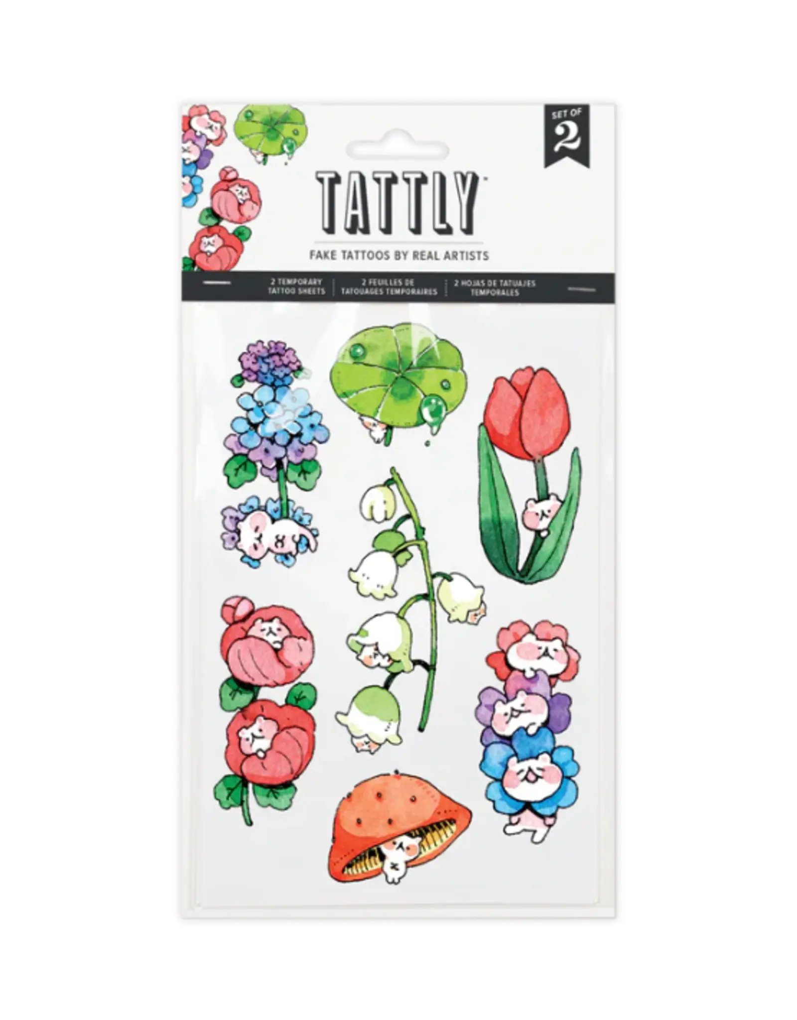 Tattoo sheet of colorful illustrations of tiny cats & flowers