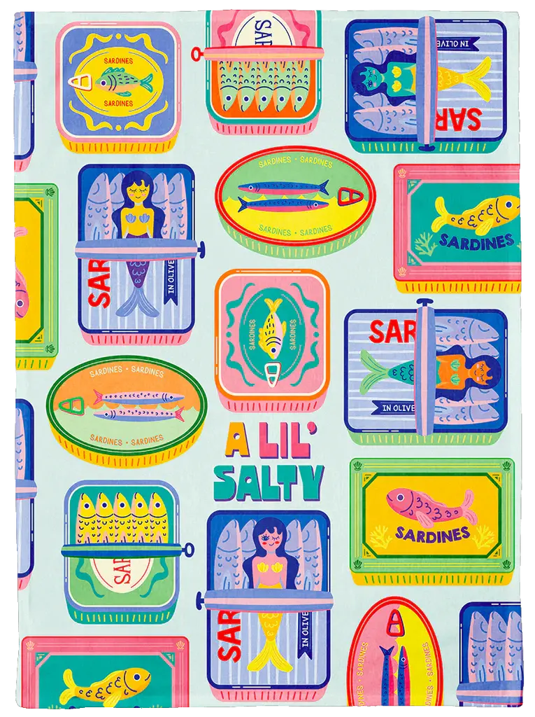 Full flat view of the Lil' Salty mermaid pattern dish towel by Uptown Sox at Tickled Pink Ottawa.