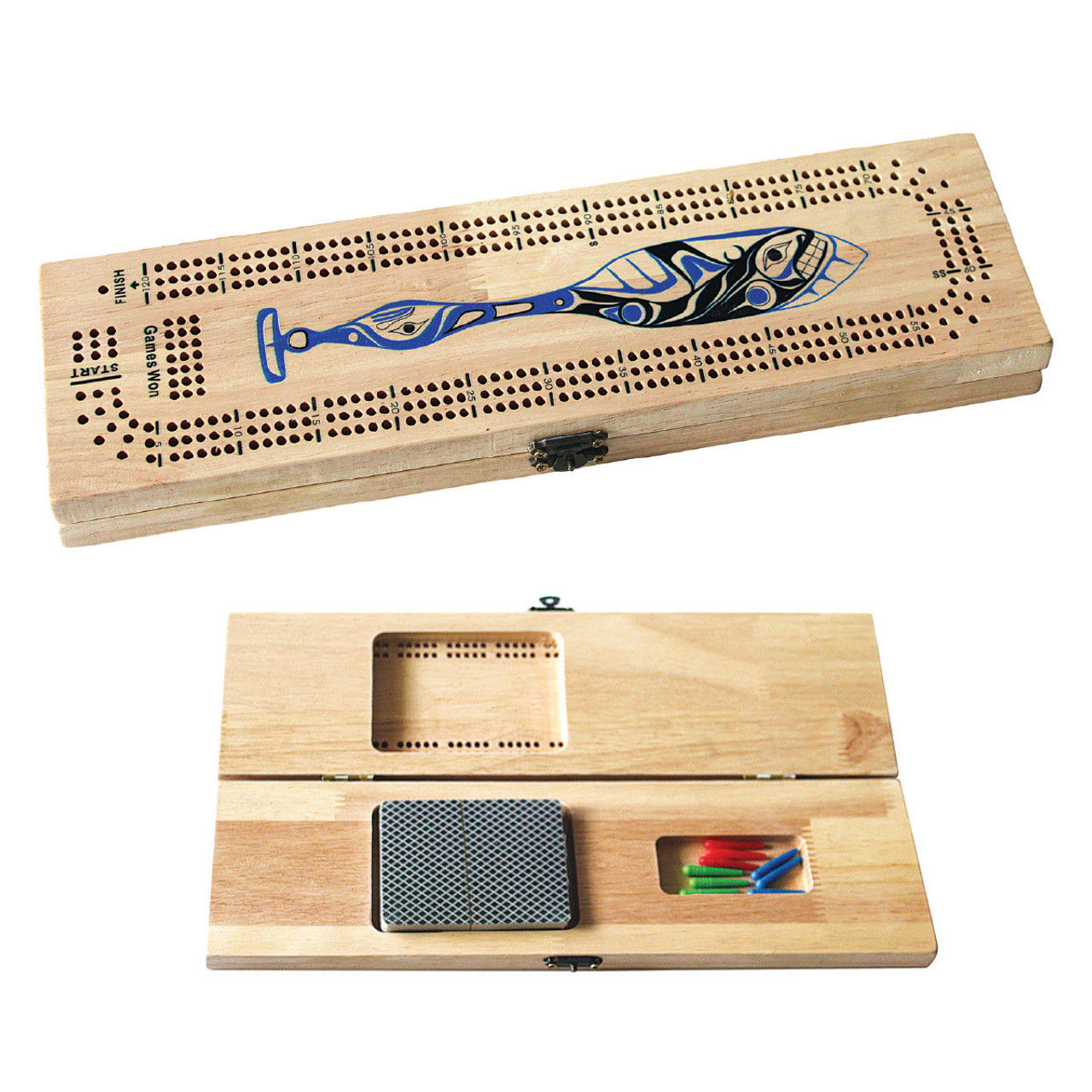 Wood cribbage board with design of artist Paul Windsor's 'Whale Paddle' on top
