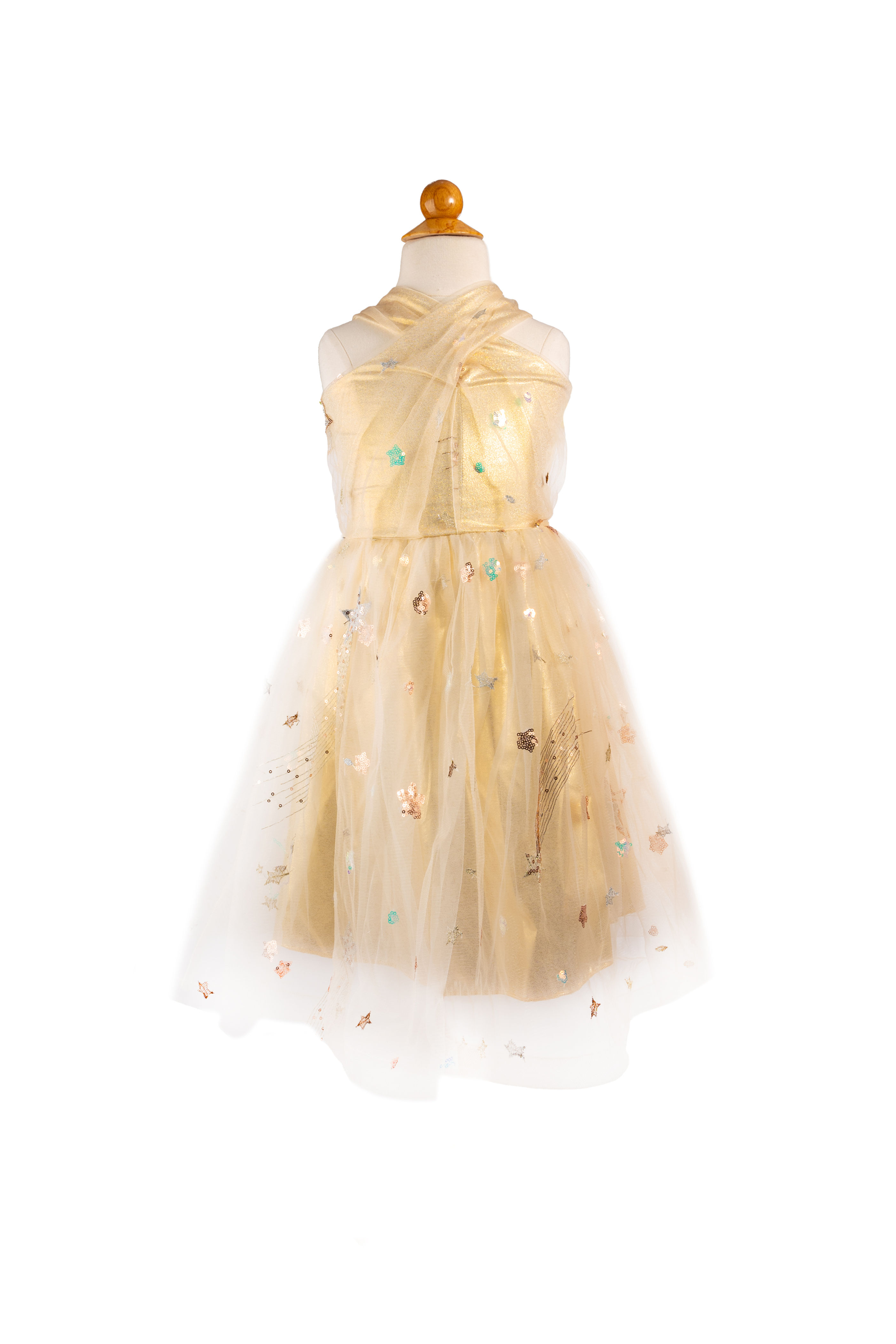 The Silver and Gold Eras Dress featuring a halter neck and star tulle overlay displayed on a mannequin at Tickled Pink.