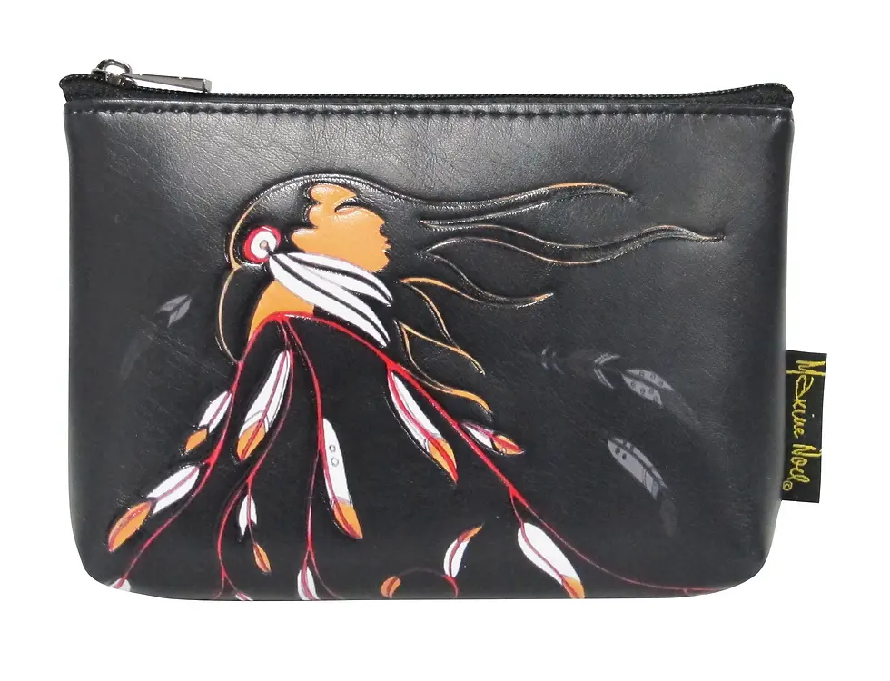 Front of rectangular zippered faux leather coin purse featuring Maxine Noel's painting 'Eagle's Gift Woman'